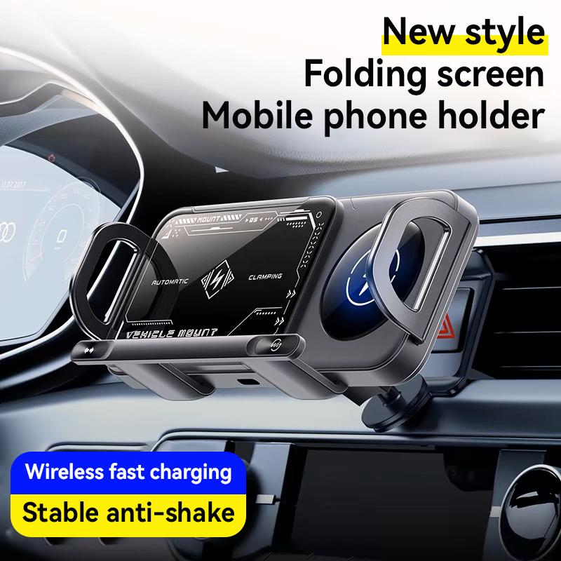 Soporte inalámbrico para teléfono móvil para coche, compatible con pantallas plegables y smartphones universales. Soporte giratorio de 90° con potencia de salida de 15 W. Soporte para teléfono móvil para rejilla de ventilación súper estable con clip de ga