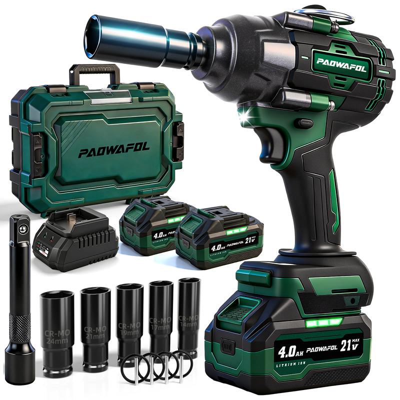 Llave de impacto PAOWAFOL 2026 de 1050 N·m, pistola de impacto de 1/2" con batería de 2x4.0 Ah, destornillador de impacto inalámbrico de 21 V de alto torque con 5 vasos, pistola de impacto sin escobillas para camión, autocaravana, hogar y automóvil