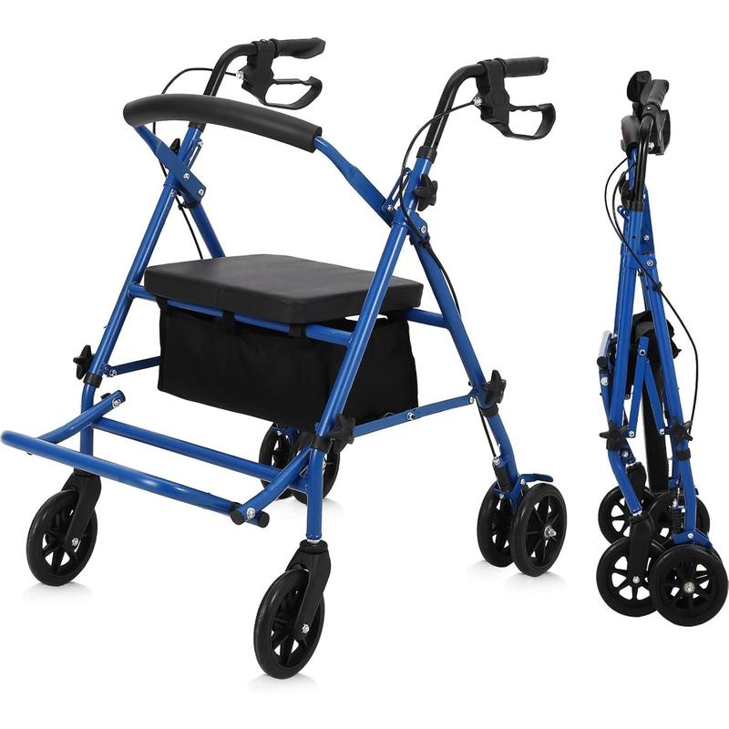 Andador plegable Garvee para personas mayores, asiento y respaldo acolchados, asas ergonómicas, bolsa de almacenamiento, reposapiés resistente, color azul.