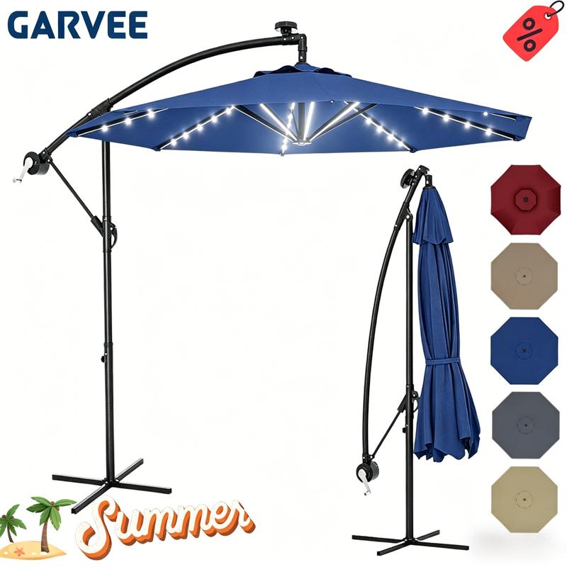Sombrilla de patio voladiza de 3 metros con inclinación infinita | Luces LED solares, base en cruz y gran sombrilla para exteriores, ideal para jardín, piscina o césped.