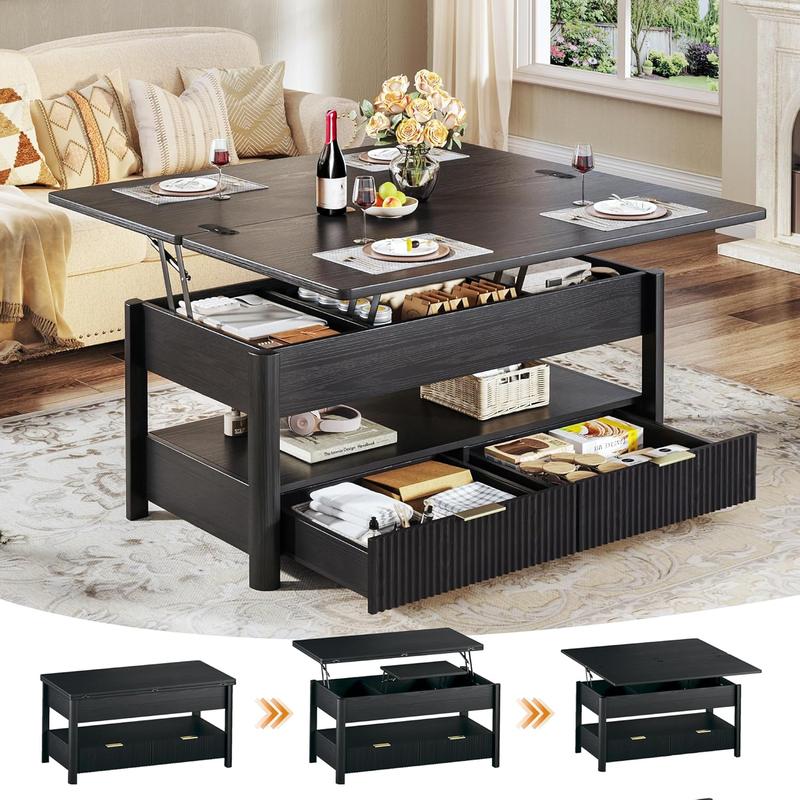 【Summergarden】Mesa de centro elevable de 101 cm (40"), mesa de centro cuadrada 4 en 1 con estante de almacenamiento y 2 cajones, mesas de centro modernas con tablero elevable, se convierte en mesa de comedor para sala de estar, oficina en casa, nogal
