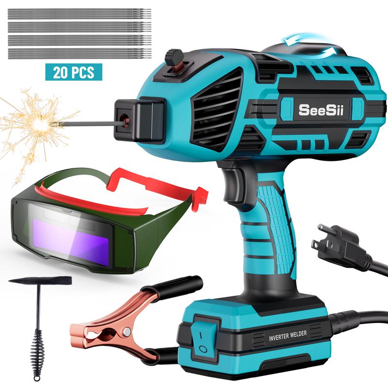 Soldadora portátil de mano de 110 V y 120 A con tecnología de inversor IGBT inteligente, incluye gafas de oscurecimiento automático de color real y martillo para escoria, apta para electrodos de 3/64" a 1/8" y con rango de corriente de 20 a 120 amperios.
