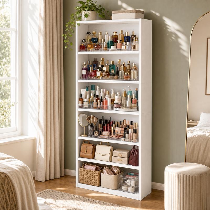 【Almacenamiento y exhibición de 6 niveles】 Librería y estantería independiente delgada IRONCK de 160 cm de altura para el hogar, la oficina y espacios pequeños, color blanco