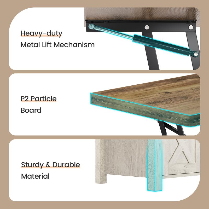 Mesa de centro Sedeta 4 en 1 multifuncional con tapa elevable - Muebles de sala de estar de estilo rústico en roble envejecido, mesa de comedor convertible con diseño plegable, puertas corredizas, almacenamiento y compartimento oculto, mesas de comedor co