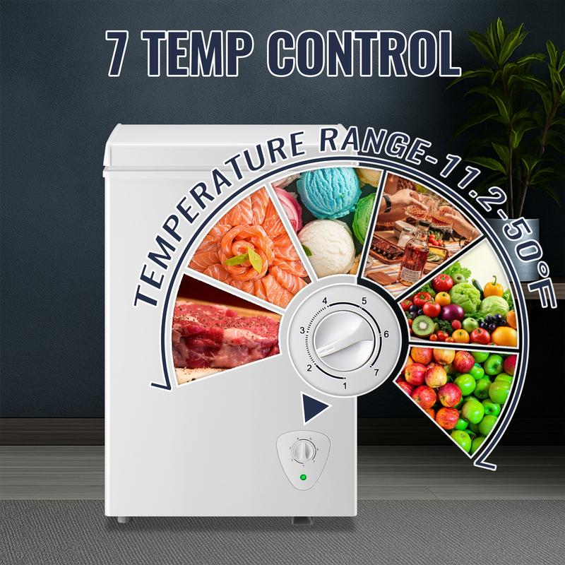 Congelador compacto WANAI de 2.4 pies cúbicos, congelador horizontal ecológico, mini congelador con 7 niveles de temperatura ajustables, cesta de almacenamiento extraíble, ahorro de energía.