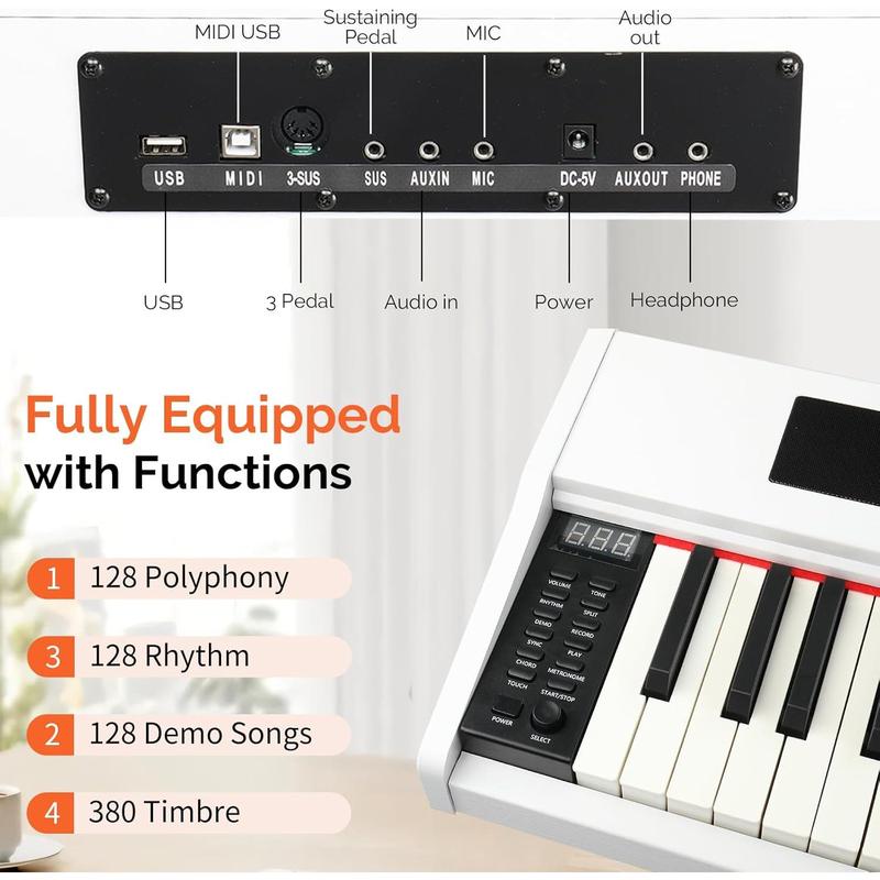 Kit de teclado de piano digital portátil GLARRY de 88 teclas semipesadas, con soporte, pedales triples, fuente de alimentación, 2 altavoces, Bluetooth, conector para auriculares de 3,5 mm y 128 ritmos para principiantes.