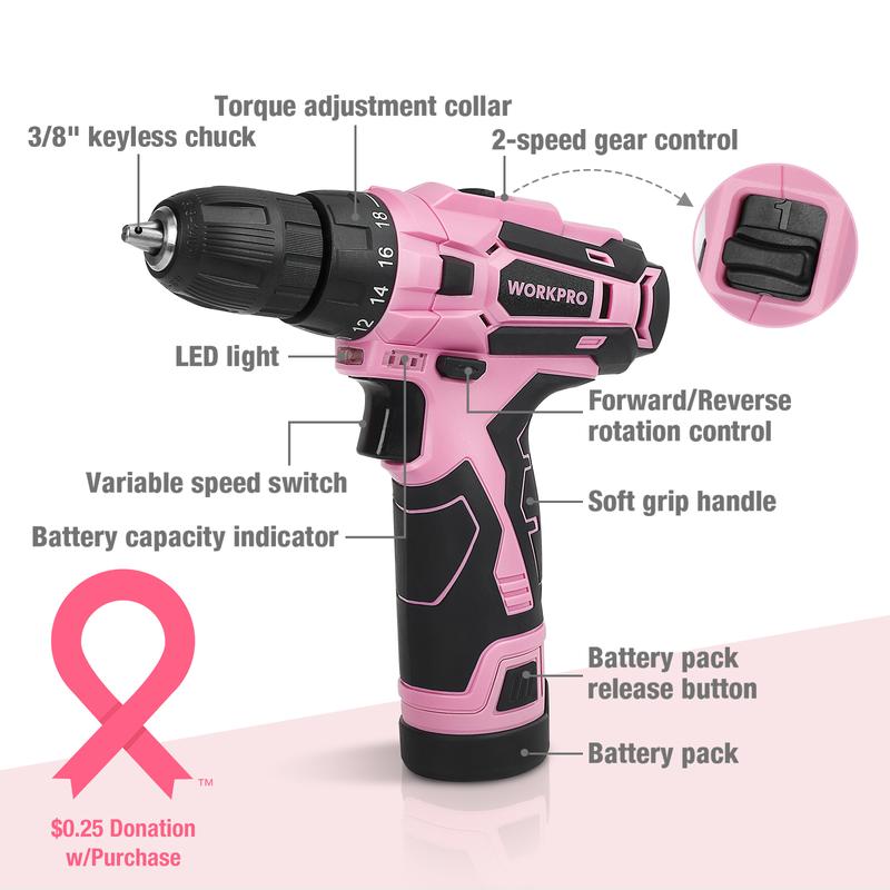 #rebajasdeverano WORKPRO Taladro atornillador inalámbrico rosa de 12 V y kit de herramientas para el hogar, juego de herramientas manuales para bricolaje y mantenimiento del hogar, incluye bolsa de almacenamiento de 35 cm - Cinta rosa