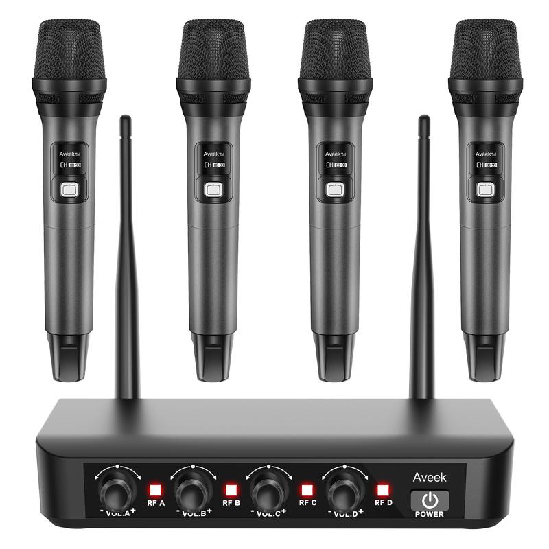 Sistema de micrófono inalámbrico Aveek con 4 micrófonos dinámicos de mano: alcance de 78 metros, batería de 40 horas, sonido de estudio de baja latencia para karaoke, canto, iglesia, escenario y eventos.