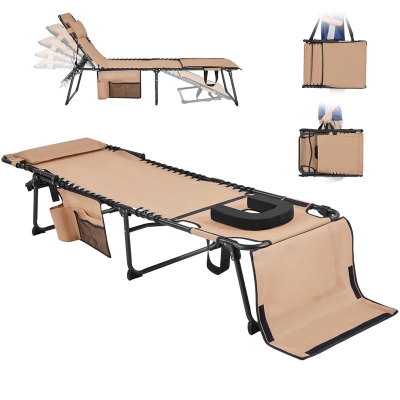 Silla plegable para tomar el sol en el patio, con orificio para la cara, tumbona reclinable ajustable en 5 posiciones, ranuras para los brazos, práctico espacio de almacenamiento para tomar el sol y broncearse la espalda.