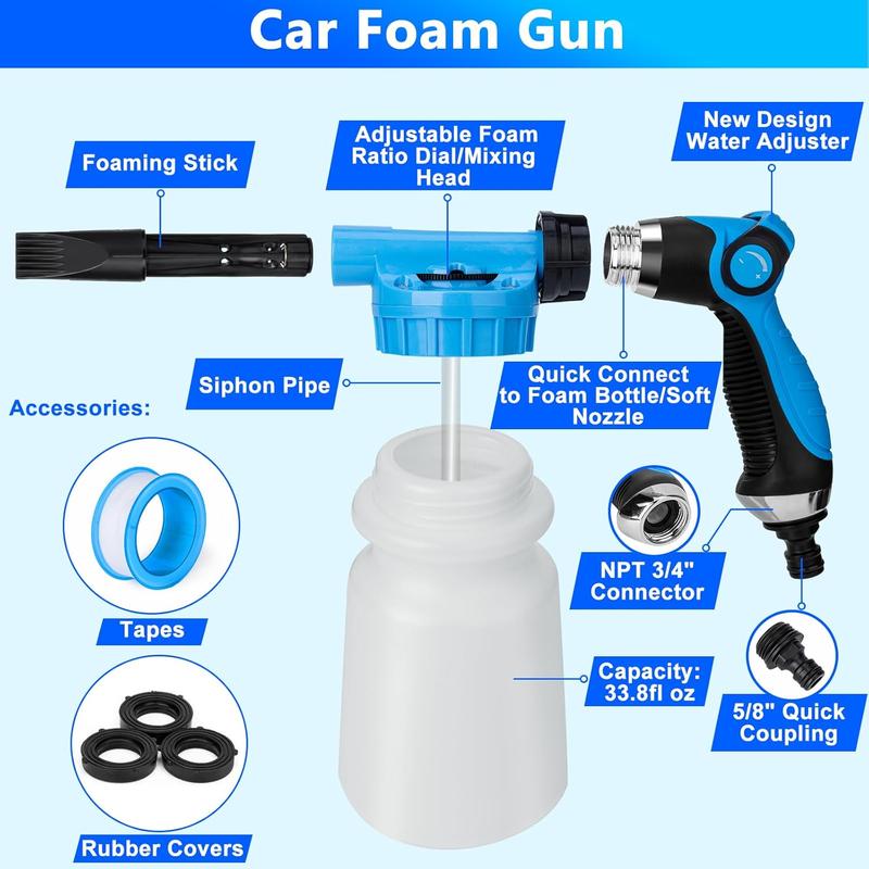 Kit de lavado de autos THINKWORK, kit de detallado de autos con pistola de espuma, cepillo, mopa y cubo plegable grande, adecuado para la limpieza de autos, set de lavado de autos azul, regalo para hombres y mujeres.