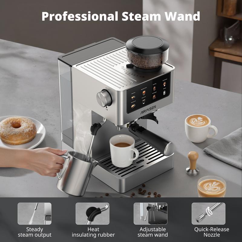Cafetera espresso AIRMSEN con molinillo de muelas, 20 bares, acero inoxidable para uso doméstico, cafetera profesional con depósito de agua extraíble y espumador de leche BCM2316