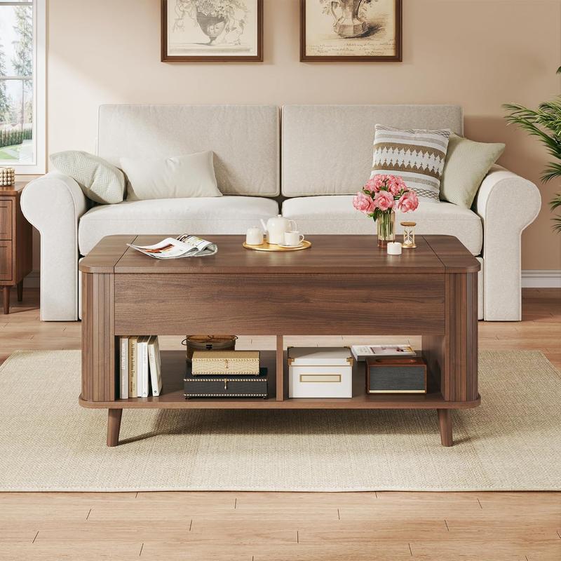 Mesa de centro elevable con almacenamiento, mesa de centro moderna de mediados de siglo de 104 cm con diseño de perfil estriado y curvo, compartimento de almacenamiento oculto, mesa de centro con estante inferior para sala de estar u oficina, roble.