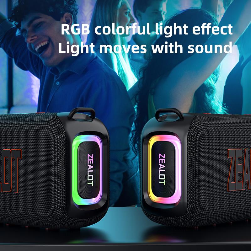 【 ZEALOT 】 Altavoz Bluetooth, altavoz portátil para interiores y exteriores, 50 W (60 W de pico), resistente al agua IPX6, emparejamiento inalámbrico dual, ecualizador, USB/TF/entrada de línea/BT5.3, altavoz de viaje con sonido nítido, sistema de luz ambi