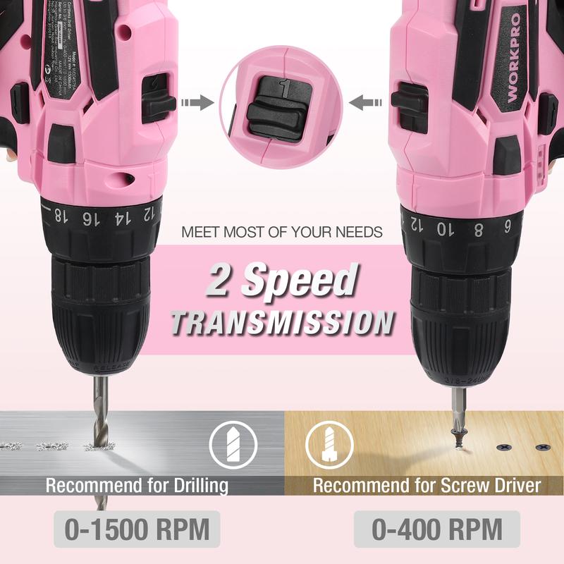 #rebajasdeverano WORKPRO Taladro atornillador inalámbrico rosa de 12 V y kit de herramientas para el hogar, juego de herramientas manuales para bricolaje y mantenimiento del hogar, incluye bolsa de almacenamiento de 35 cm - Cinta rosa