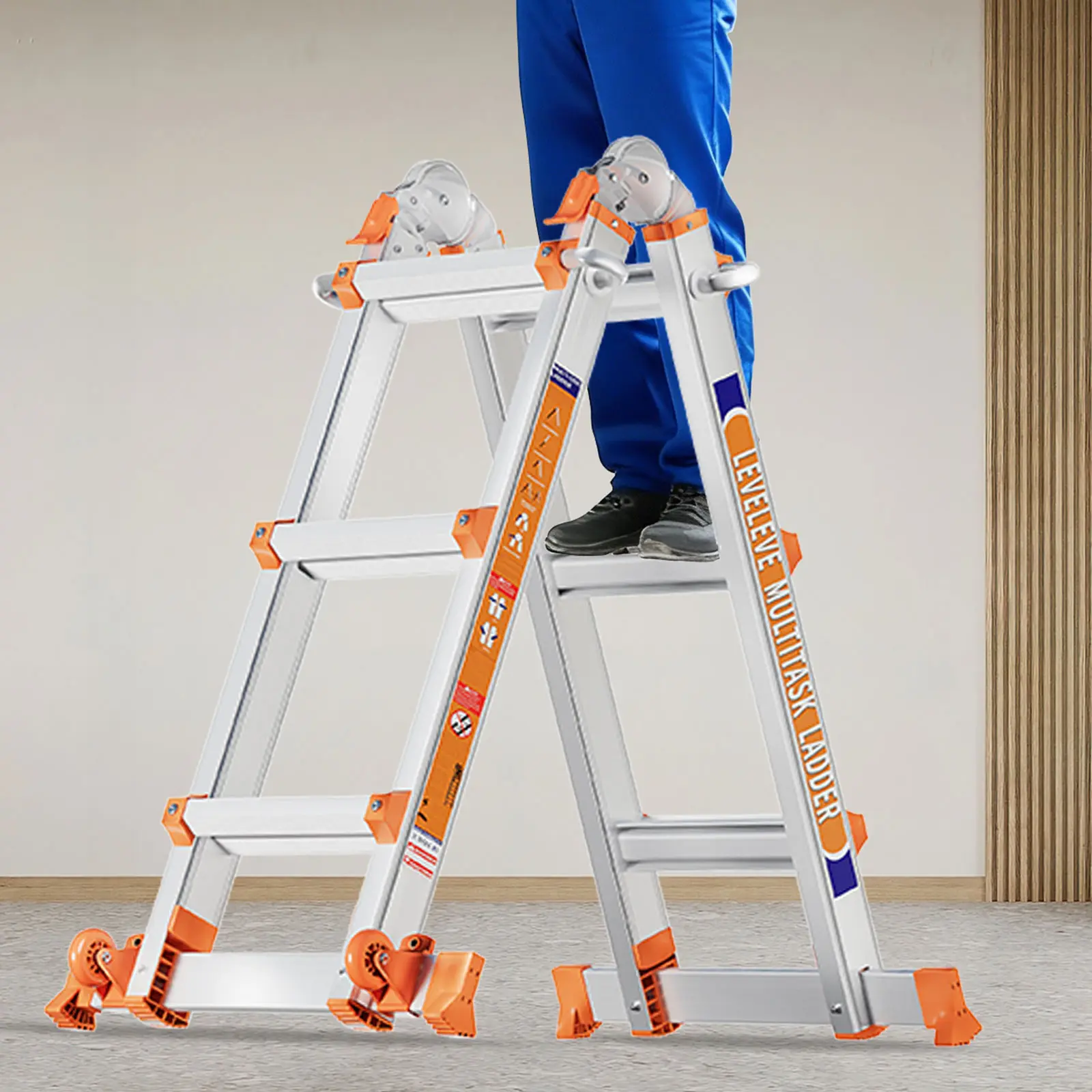 Escalera telescópica multiposición extensible: modos convertibles, escalera de tijera (tipo A) con barras estabilizadoras, diseño estrecho al plegarse, capacidad de carga de 330 libras (150 kg) y ruedas.