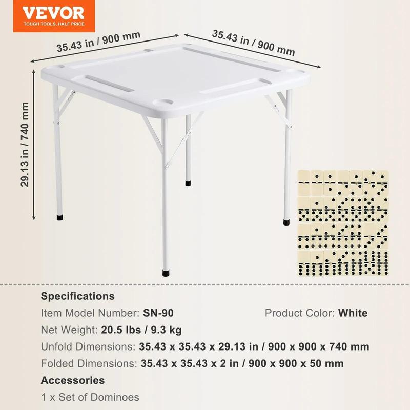 Mesa de Mahjong VEVOR, cuadrada, plegable, para 4 jugadores, con 4 portavasos y 4 bandejas para fichas, mesa de juego de dominó portátil con 1 juego de dominó para Mahjong, póker y rompecabezas, 90 x 90 cm, blanca.