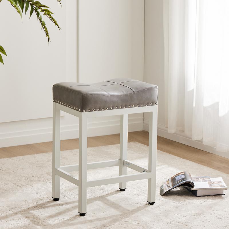 Taburetes ergonómicos sin respaldo de 61 cm (24 pulgadas) de cuero sintético, paquete de 2 - Sillas de interior con base totalmente metálica, fácil montaje, estilo bohemio rústico, muebles de bar para el hogar, cocina, cafetería, happy hour en casa, silla