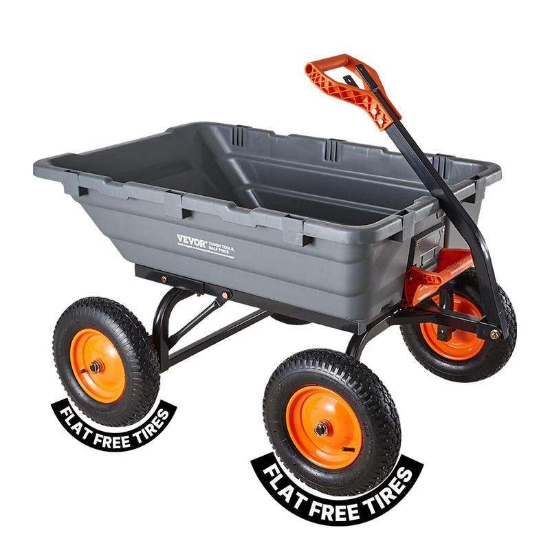 Carro de jardín de polietileno con estructura de acero de fácil montaje, asa convertible 2 en 1, neumáticos de 13 pulgadas, capacidad máxima de 1500 libras, carretilla utilitaria para mayor productividad en el jardín.