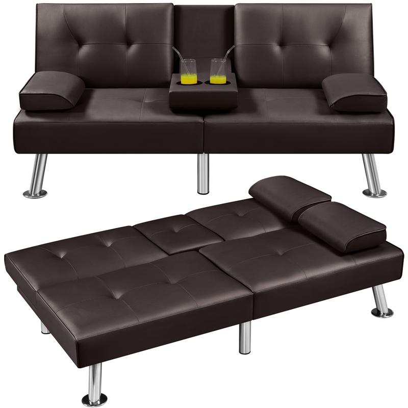 【Mayor área para dormir】Sofás y cama futón convertibles modernos de piel sintética Yaheetech con 2 cojines decorativos y portavasos abatibles, sofá futón ajustable 3 en 1