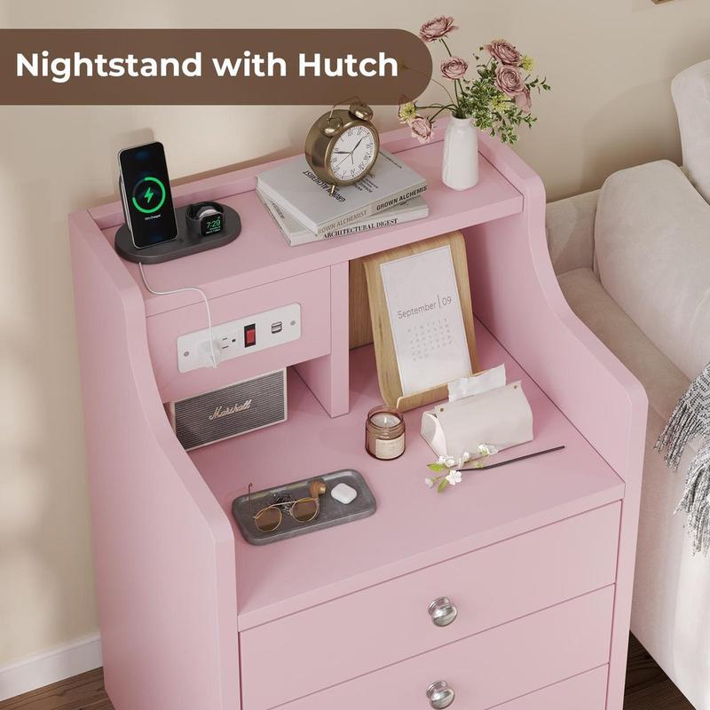 Mesita de noche Sikaic con estación de carga, mesita de noche rosa con estantería, mesita de noche con cajones, mesita de noche con almacenamiento, muebles para el hogar, artículos esenciales para dormitorios universitarios.