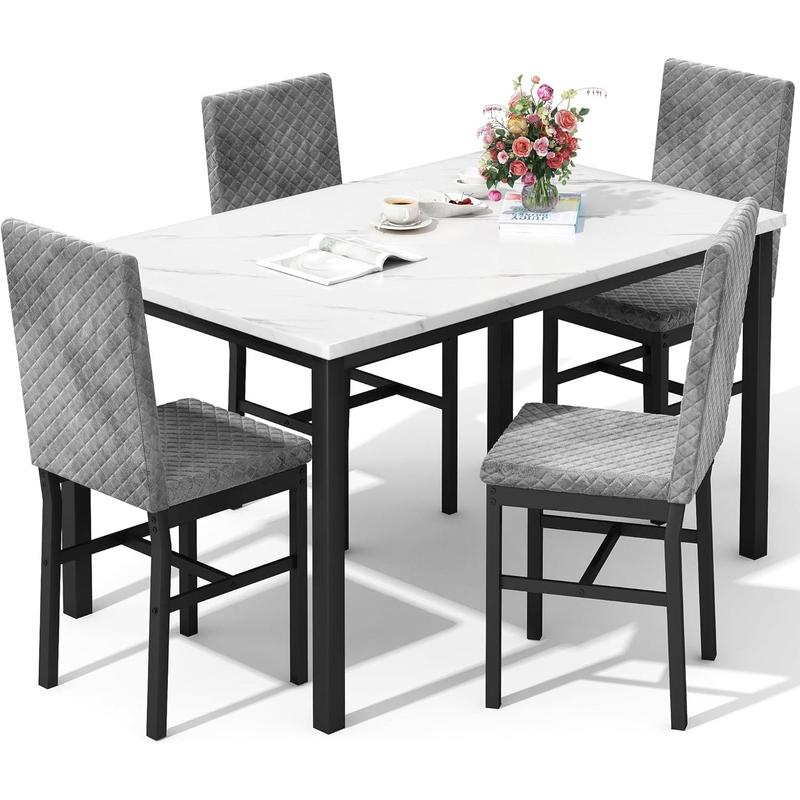 Juego de 4 mesas de comedor de interior de lujo con imitación de mármol Recaceik - Mesa de fácil limpieza de 47.24" x 27.5", 4 sillas ergonómicas modernas tapizadas en terciopelo de 35.82" de altura con cojines de asiento de 15.15" x 15.15", muebles de co