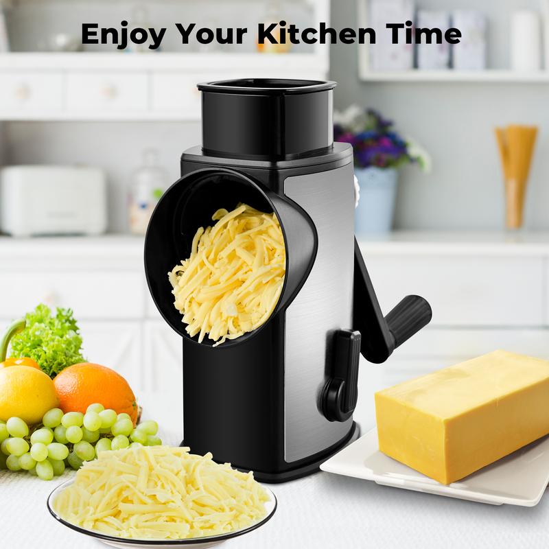 Rallador de queso manual compacto SUSTEAS - Modelo rotativo de acero inoxidable con juego de 5 cuchillas, manivela de accionamiento rápido, base con ventosa potente, caja para guardar las cuchillas, empujador suave y seguro para los dedos, cortador de man