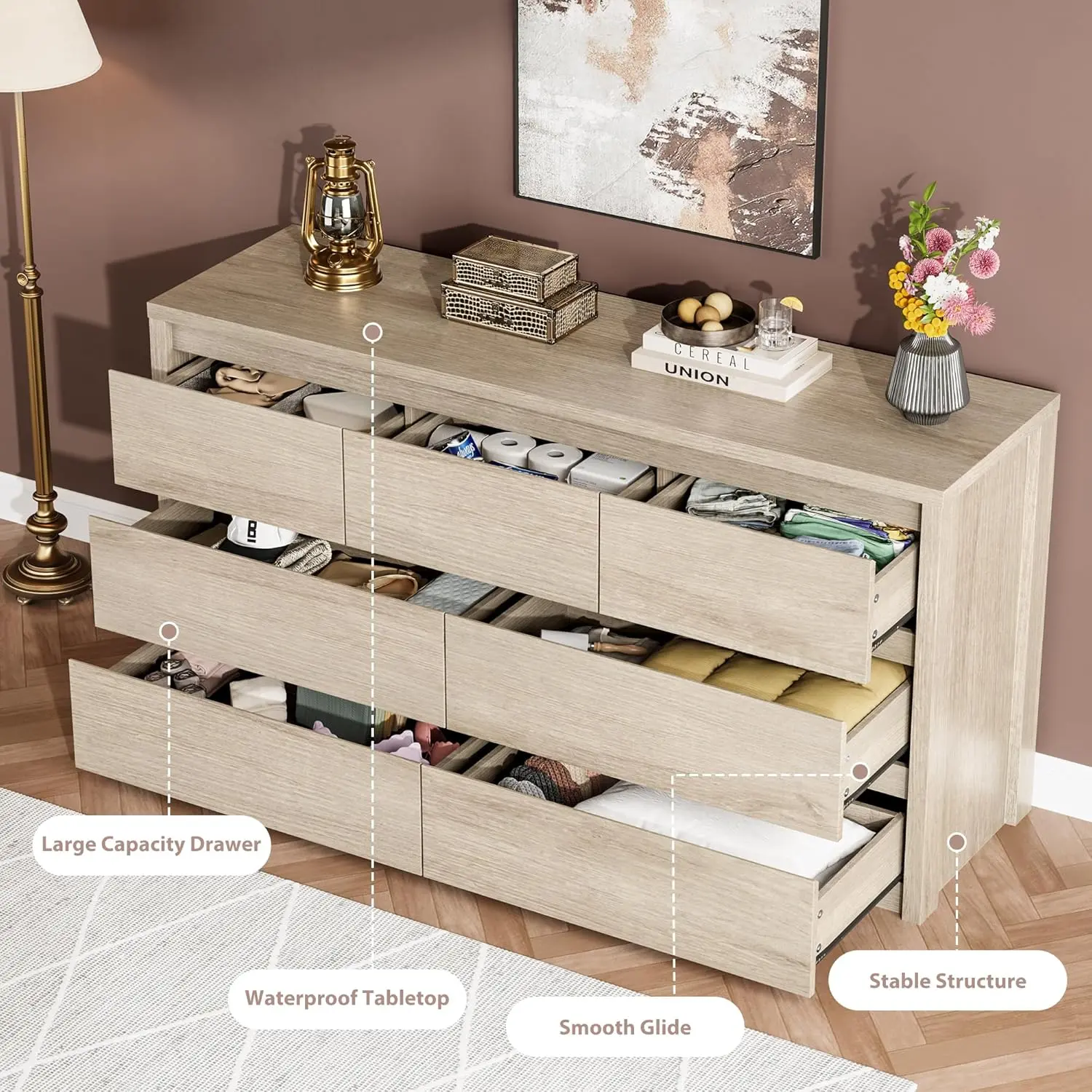 Cómoda moderna de madera con 7 cajones para dormitorio y sala de estar