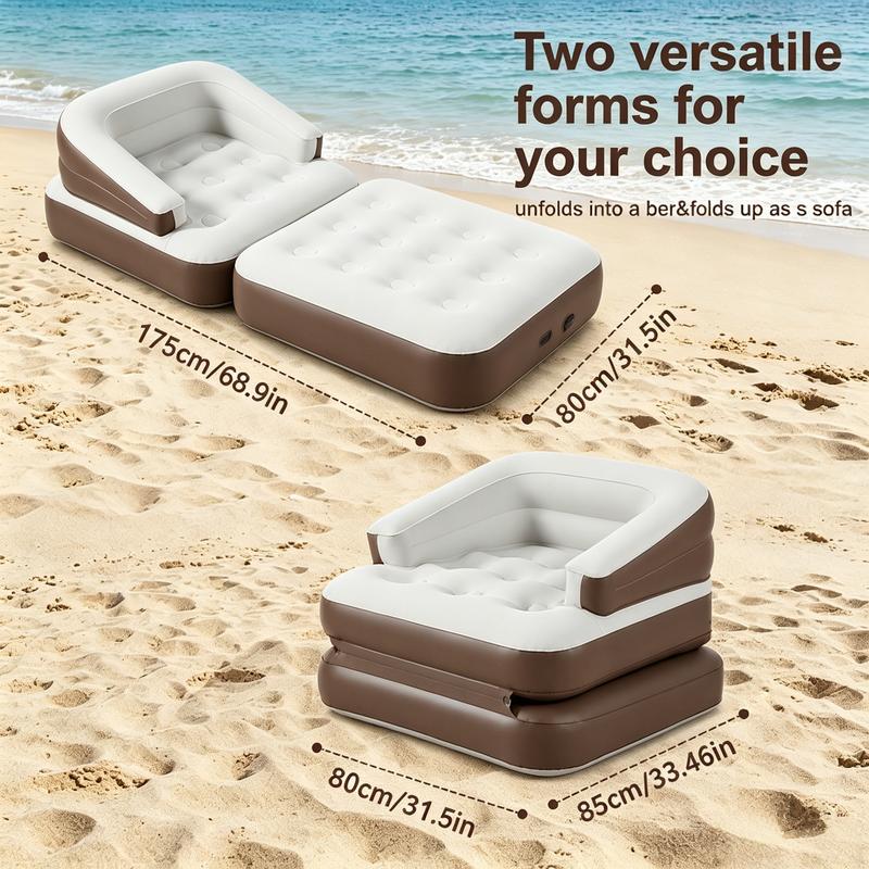 Sofá cama inflable convertible 5 en 1, tamaño individual, con respaldo alto y asiento profundo, portátil para acampar y viajar, incluye bomba de aire, diseño convertible 5 en 1, portátil y práctico.