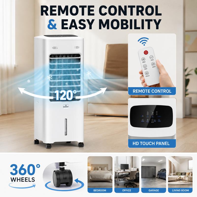Ventilador enfriador de aire portátil - Humidificador enfriador sin ventilación de 3.5 galones con 2 cajas de hielo reutilizables, control remoto inalámbrico, temporizador programable de 9 horas, oscilación de 110°, 3 modos de enfriamiento, 4 niveles de v