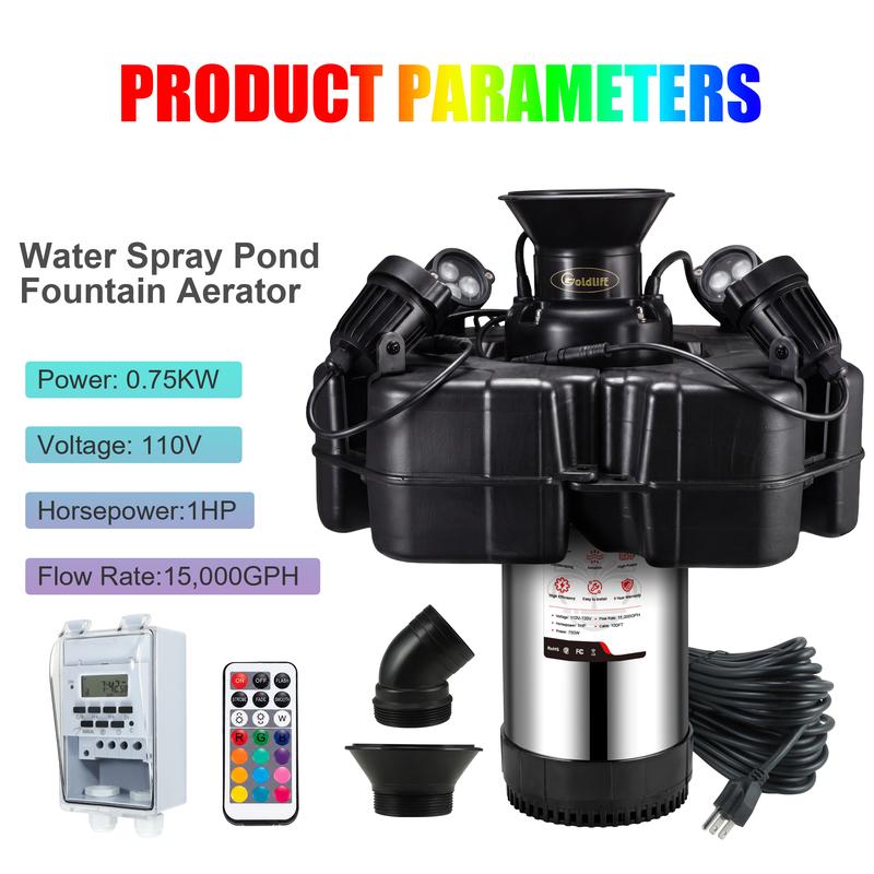 Aireador para fuente de estanque Goldlife F4, con 4 luces RGB, 110 V, 1 HP, 750 W, 15000 GPH, cable de alimentación de 30 m, potente bomba aireadora para fuentes de agua exteriores, estanques pequeños y grandes, lagos y jardines.