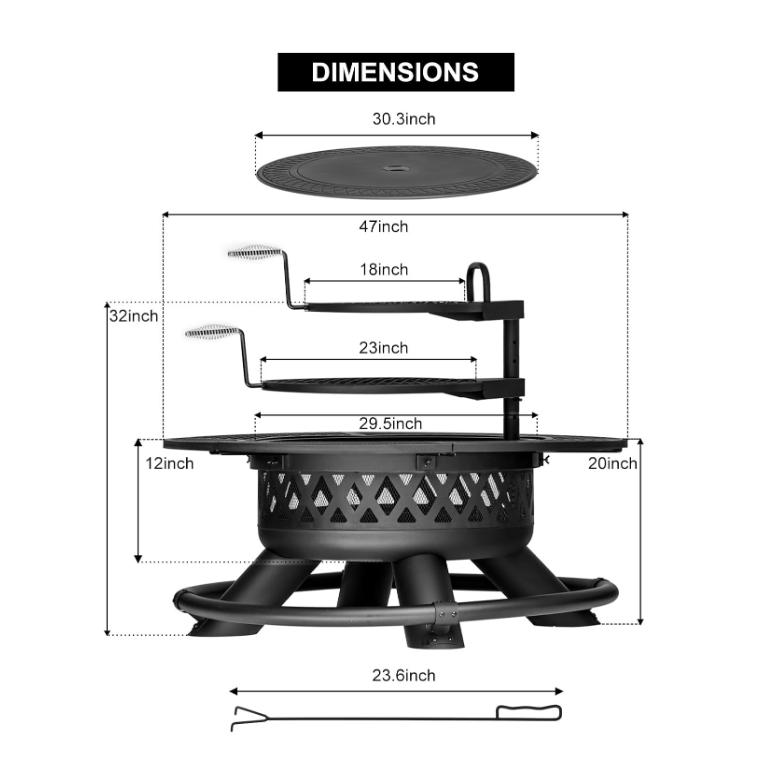 Brasero de exterior de 119 cm con 2 parrillas, brasero de barbacoa extragrande para exteriores, brasero redondo de metal con tapa y atizador, chimenea de exterior de leña 3 en 1 para patio trasero, terraza o fogata.