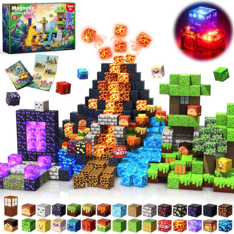 300 bloques magnéticos de 2 cm con luces - Juguetes de Pascua para niños y niñas, cubos de bloques de construcción magnéticos, imanes apilables, regalos de cumpleaños para niños y niñas de 3 años en adelante.