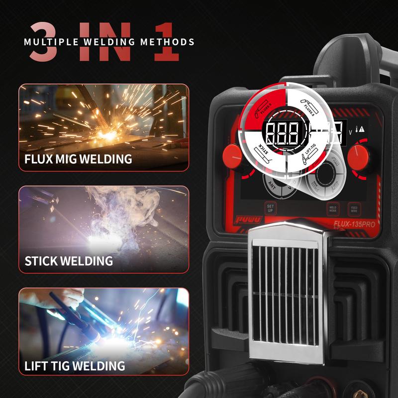 Soldadora MIG de 135 A y 110 V, soldadora de núcleo fundente con fundente MIG/Lift TIG/Stick 3 en 1, inversor IGBT, pantalla digital LED, soldadora sin gas, máquina de soldar portátil, máquinas de soldar
