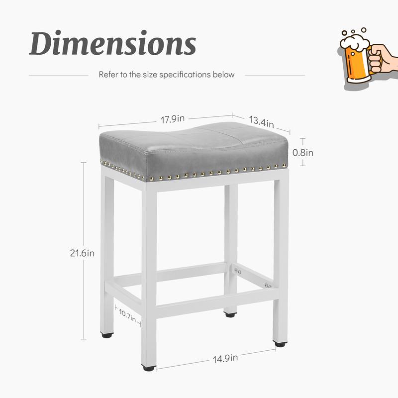 Taburetes ergonómicos sin respaldo de 61 cm (24 pulgadas) de cuero sintético, paquete de 2 - Sillas de interior con base totalmente metálica, fácil montaje, estilo bohemio rústico, muebles de bar para el hogar, cocina, cafetería, happy hour en casa, silla