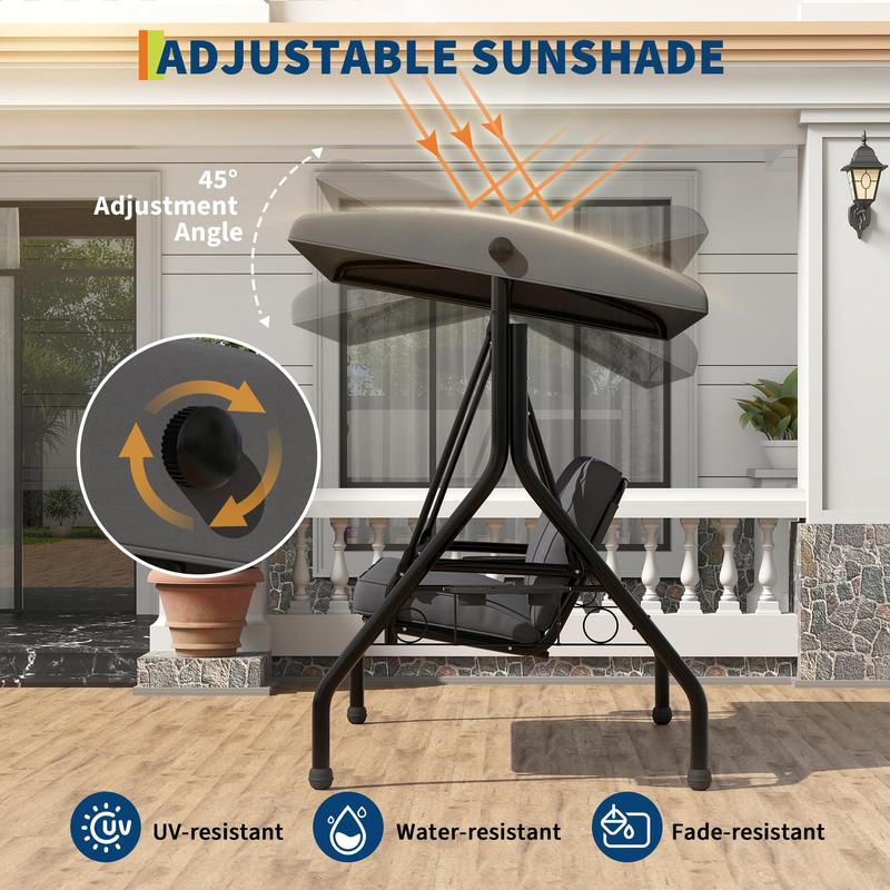 Silla colgante de exterior de 3 plazas con respaldo y toldo ajustables, cojines gruesos extraíbles, portavasos, estructura de acero resistente a la intemperie, banco sofá para patio, jardín, terraza o balcón, color marrón.