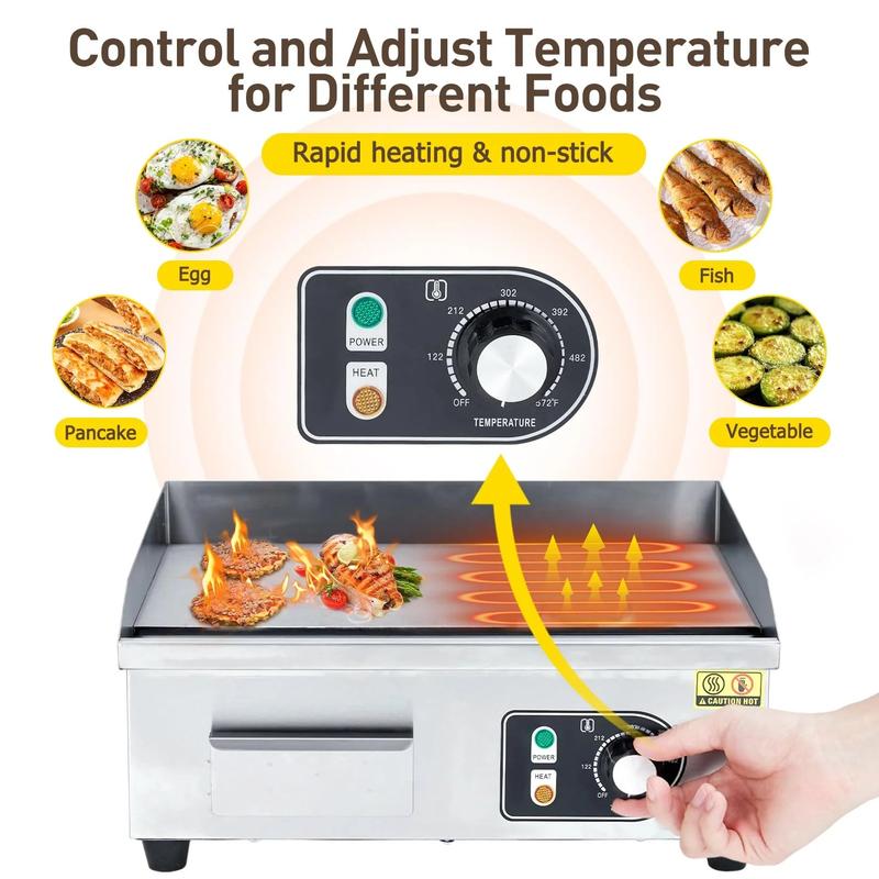 Parrillas eléctricas comerciales en tamaños de 14, 18, 22 y 30 pulgadas con potencia de 1500 W a 3000 W, superficie antiadherente de acero inoxidable y control de temperatura ajustable de 122 °F a 572 °F para uso doméstico y en restaurantes.