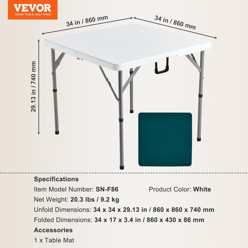 Mesa de Mahjong VEVOR, cuadrada, plegable, para 4 jugadores, con 4 portavasos y 4 bandejas para fichas, mesa de juego de dominó portátil con 1 juego de dominó para Mahjong, póker y rompecabezas, 90 x 90 cm, blanca.