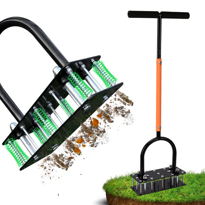 Aireador de césped RIFPOD - Herramienta aireadora de césped, diseño de limpieza automática de tierra y hojas, aireador de césped manual de alta resistencia con 15 púas de hierro, altura ajustable, aireador de césped para jardín (negro)