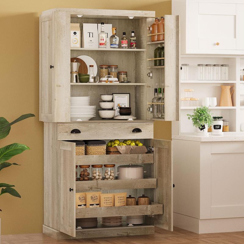 (Envío en 2 paquetes) Armario de cocina independiente IRONCK de 72", mueble de interior moderno que ahorra espacio con cajón, estante deslizante, 6 estantes colgantes, herrajes incluidos, armarios de almacenamiento