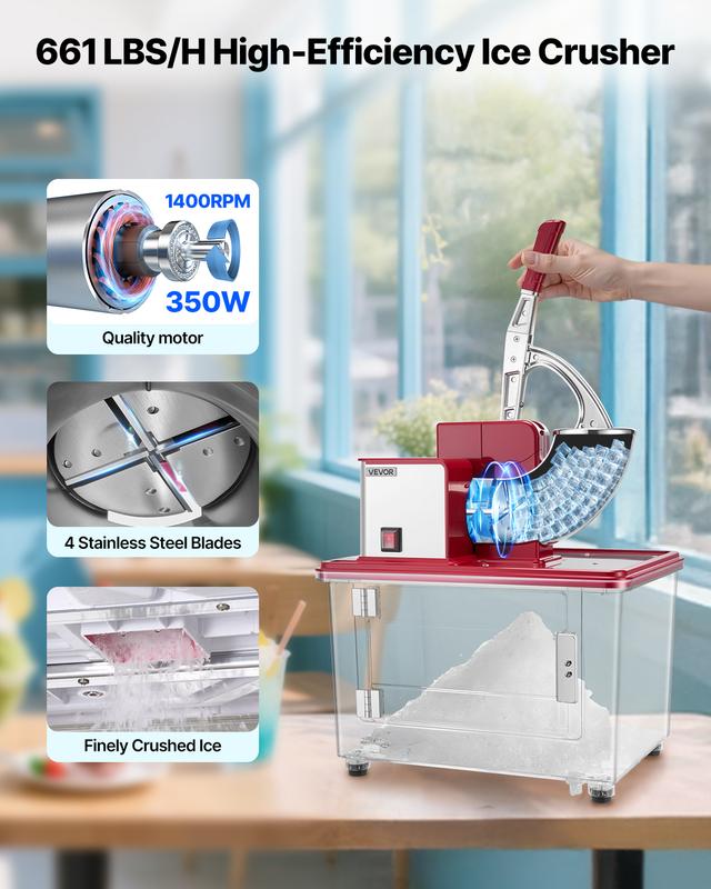 VEVOR Trituradora de hielo comercial 661LBS/H, máquina eléctrica de cono de nieve de 350 W con 4 cuchillas, máquina de hielo raspado de acero inoxidable de 2000 RPM con caja de hielo triturado de 11 gal, para restaurantes familiares, bares, rojo