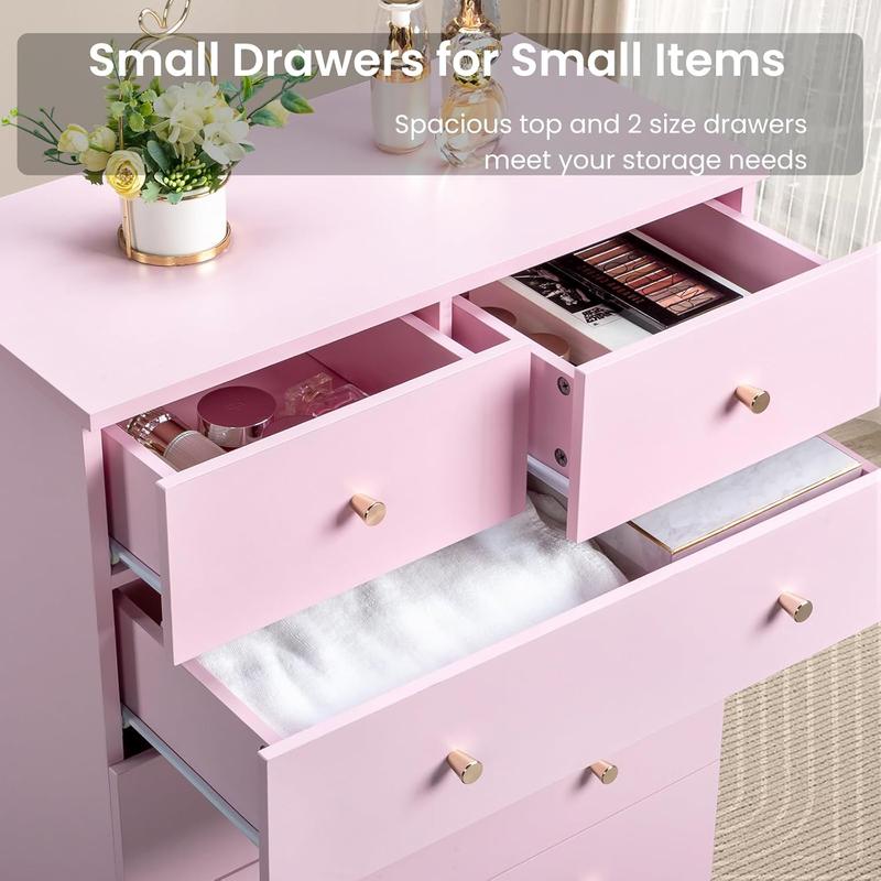 Cómoda rosa de 5 cajones para dormitorio, cómoda moderna de madera, cómodas rosas para dormitorio de niñas, dispositivo antivuelco, tirador de metal oro rosa, sala de estar, recibidor, pasillo, oficina