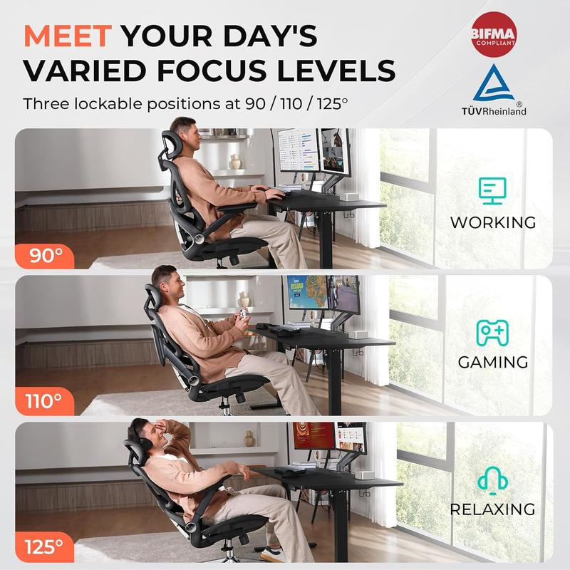 Silla de oficina ergonómica moderna ajustable CAPOT Aerovith de malla - Giro de 360 ​​grados, ruedas giratorias, excelente soporte lumbar, reposabrazos abatibles, asiento ajustable en altura, ideal para largas jornadas de trabajo en el escritorio, silla e