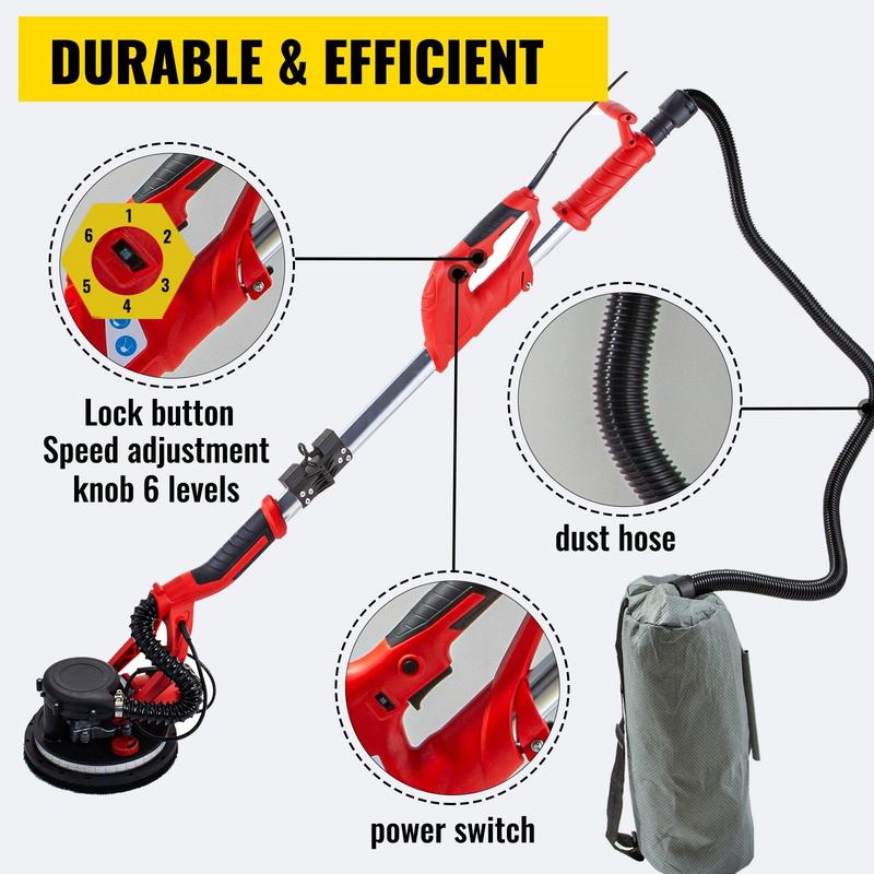 Lijadora de paneles de yeso VEVOR - Pulidora de hardware de alta potencia de 850 W con selector de velocidad de 6 niveles, diseño plegable, mango telescópico, tira de luz LED, bolsa de vacío y guantes, herramienta eléctrica de alta resistencia.