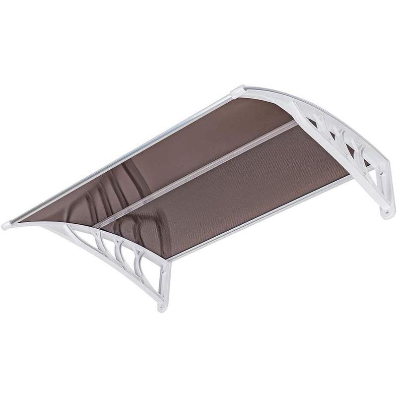 Toldo para ventana y puerta Ubesgoo, cubierta de policarbonato para puerta principal, toldo para patio exterior, protección UV, lluvia, nieve y luz solar, lámina hueca, tablero marrón y soporte blanco.
