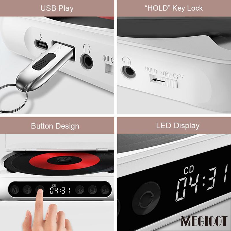 Reproductor de CD inalámbrico recargable Bluetooth 5.3 MEGICOT - Reproductor de audio multiformato con batería de 2000 mAh, controles de botón, función de retención de altavoz, pantalla LED, puerto USB, compatibilidad con auriculares, bloqueo de teclas, r