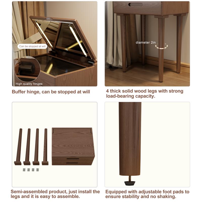 【NOVEDAD】Tocador compacto, mesa de maquillaje 100% de madera maciza, espejo abatible con luces, mesa de maquillaje que ahorra espacio con cajones, brillo ajustable, tocador elegante y funcional, ideal para espacios reducidos.