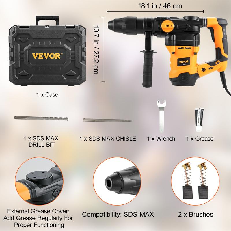 Taladro percutor rotativo VEVOR con cable, 1-9/16" (3 modos), martillos cinceladores SDS-MAX, herramienta de perforación, juego de taladro eléctrico, regalos para el día del padre