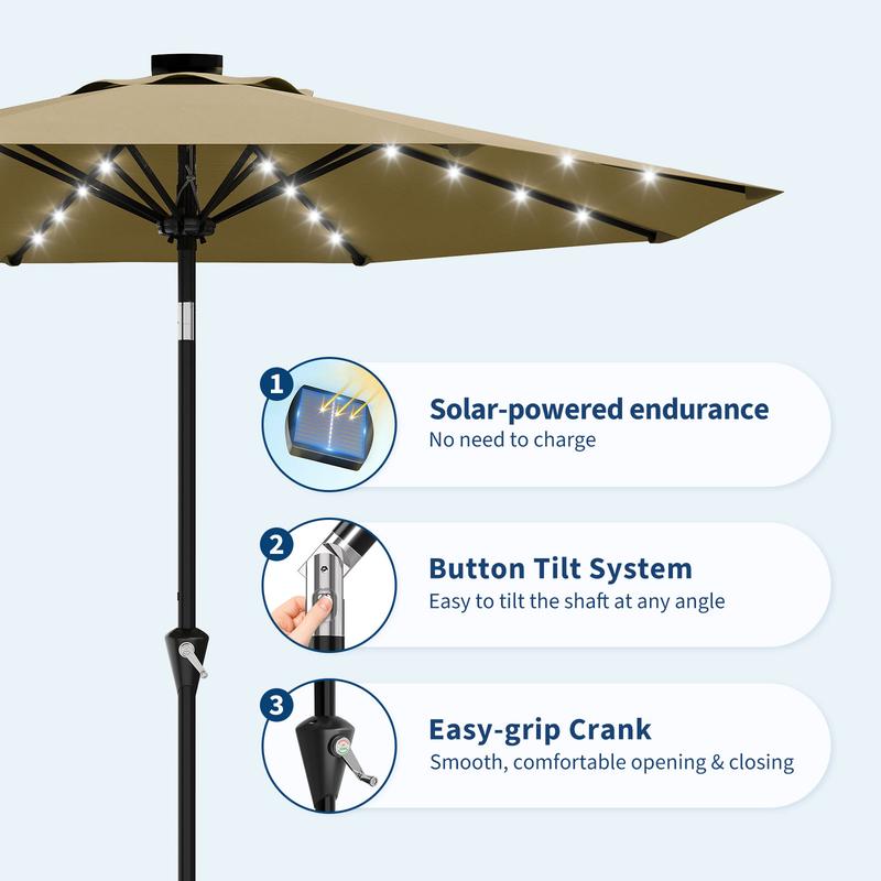 Sombrilla de exterior Garvee Modern de 300 cm (9 pies) resistente con luces LED solares, estructura de 8 varillas de alta resistencia, doble inclinación de 30°, manivela de fácil uso, sombrilla de protección solar resistente a la intemperie para jardín, b
