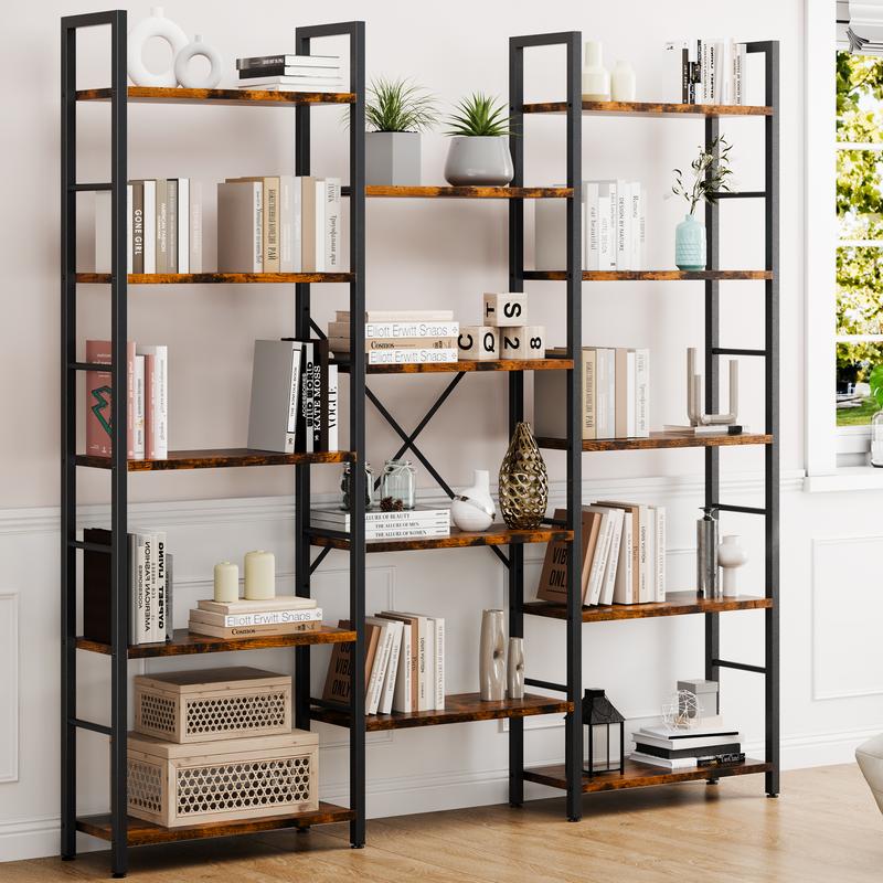 Librería Walsunny de 5 niveles con 14 estantes, estantería abierta con estructura metálica, estantería para oficina en casa, estilo rústico, escalera industrial independiente.