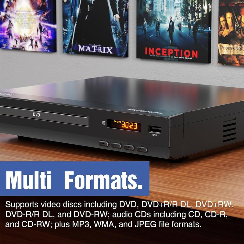 Reproductor multimedia de DVD delgado, reproductor de video HD 1080p, conexión a TV, multirregión, compatible con CD domésticos, soporte de audio digital, puerto USB, control remoto, carcasa resistente, antichoque, plug-and-play, función de presentación d